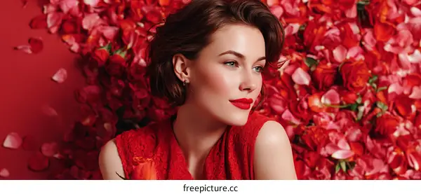 Beautiful Woman in Red Dress Surrounded by Rose Petals