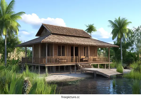 Tropical Wooden House on Stilts by the Water