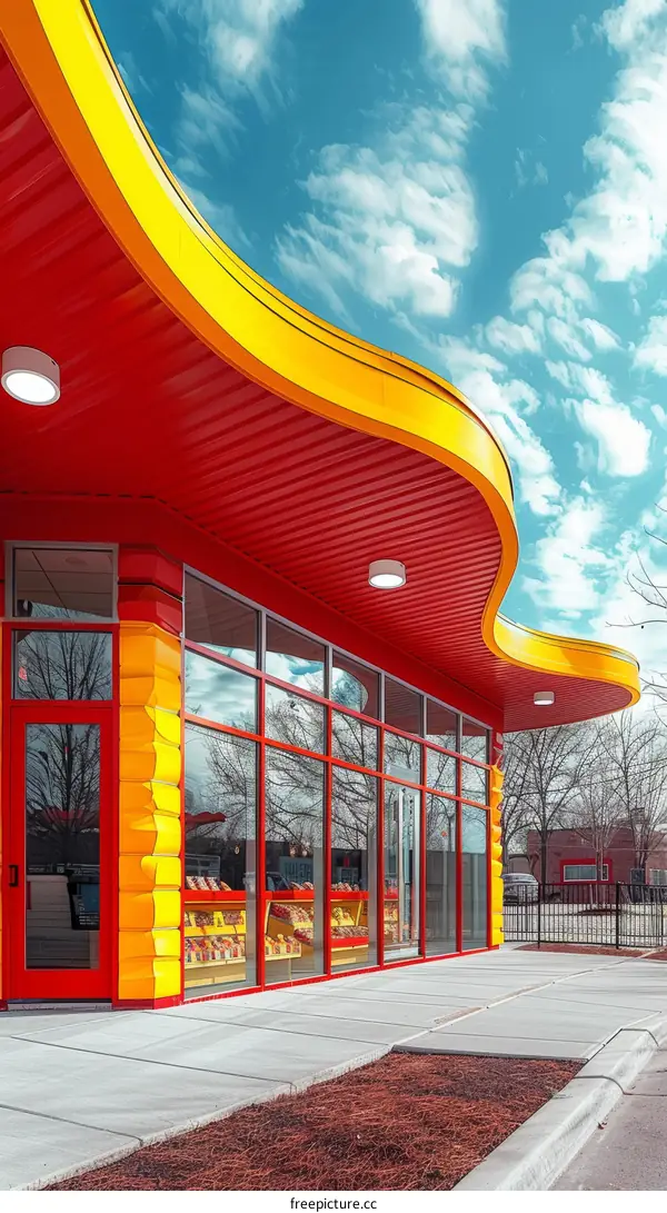 Modern colorful commercial building with large windows