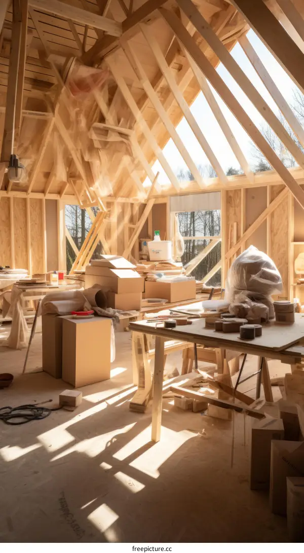 Unfinished Attic Room with Exposed Wooden Beams