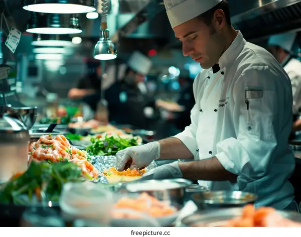 Professional chef preparing seafood in a commercial kitchen