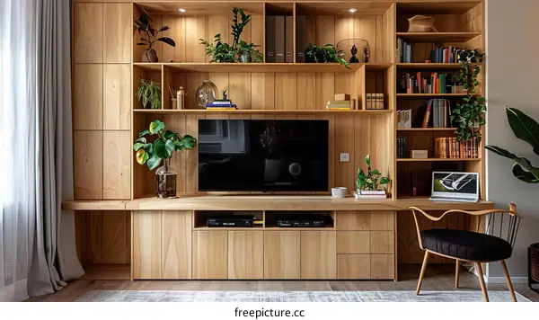 A wooden wall unit with a TV, bookshelves, and plants