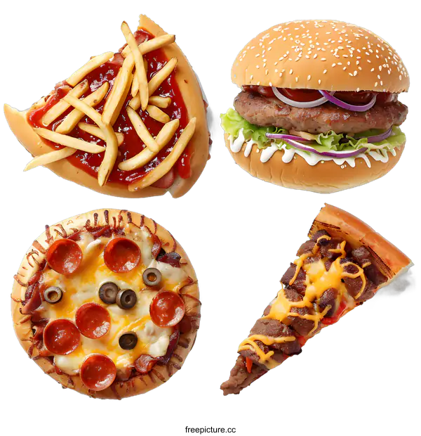 [Transparent Background PNG]Assortment of Fast Food Dishes on White Background