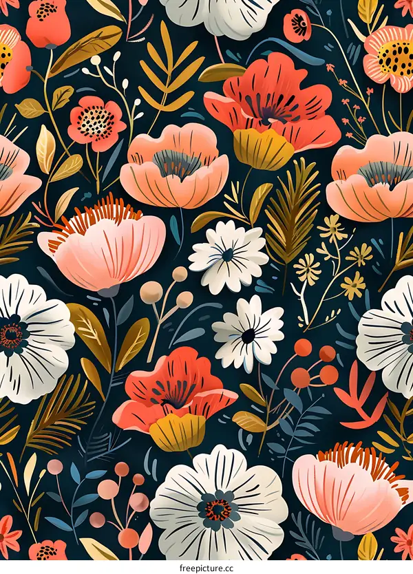 Floral Pattern with Dark Background and Bright Colors