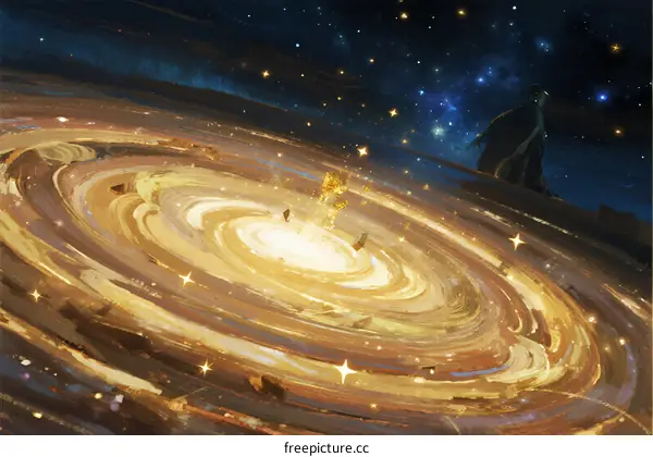 A Spiral Galaxy with Stars and Cosmic Elements in Night Sky