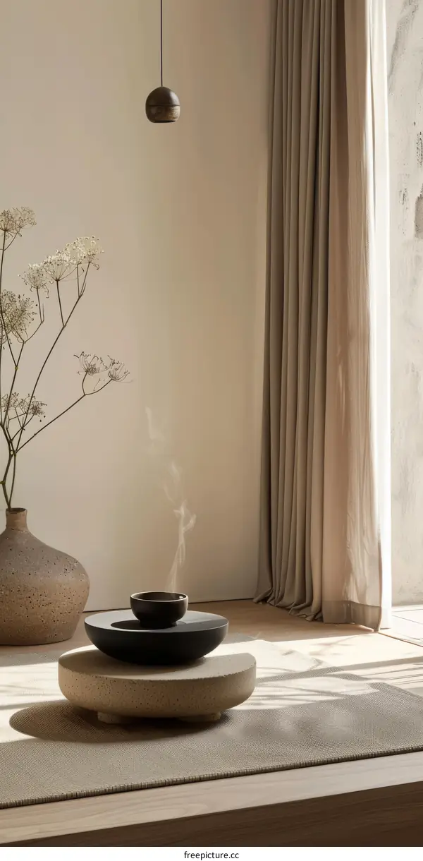 Still life of a vase of flowers and a bowl on a table