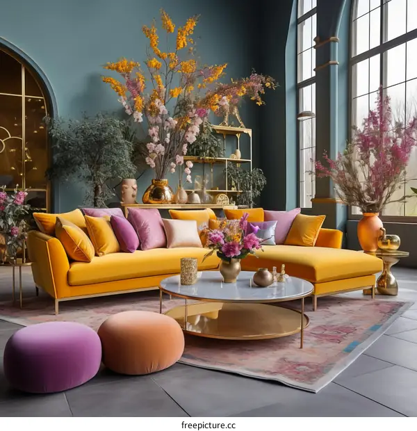 yellow velvet sofa in a green room with pink and purple accents