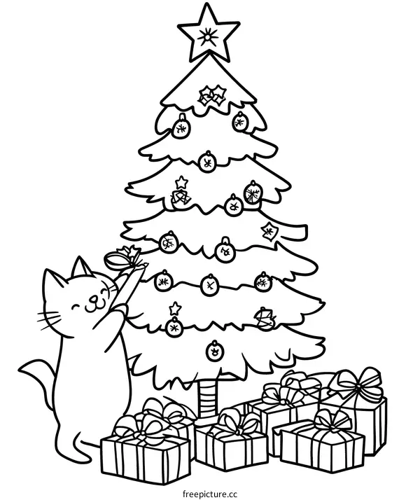 Christmas Cat Decorating a Christmas Tree With Ornaments and Gifts