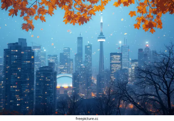 Toronto skyline with autumn leaves in the foreground