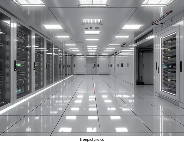 Futuristic server room with white walls and bright lights