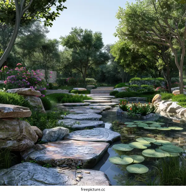 Stepping stones in a lush garden with a pond