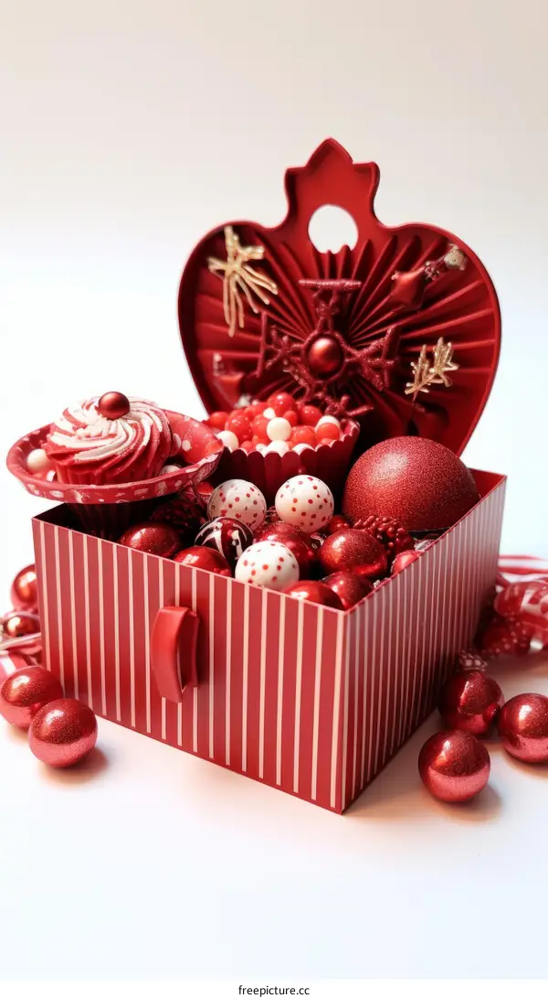 Red and white Christmas ornaments in a red and white striped box