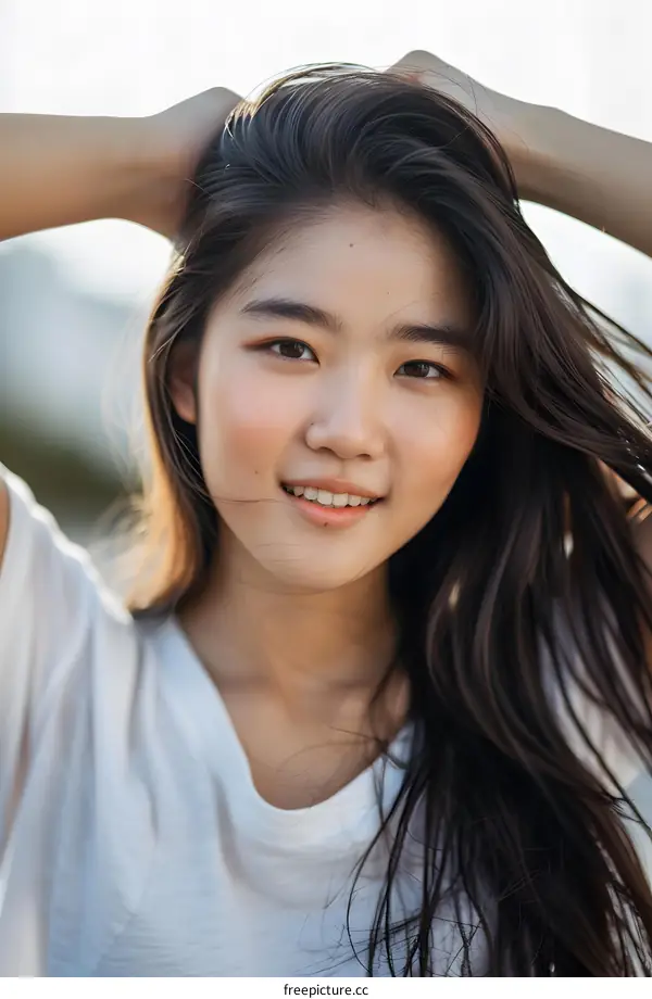 Smiling Asian Woman with Long Black Hair