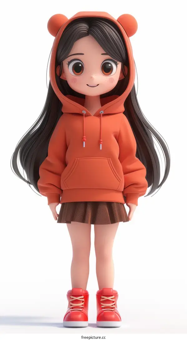 Cute Cartoon Girl in Orange Hoodie