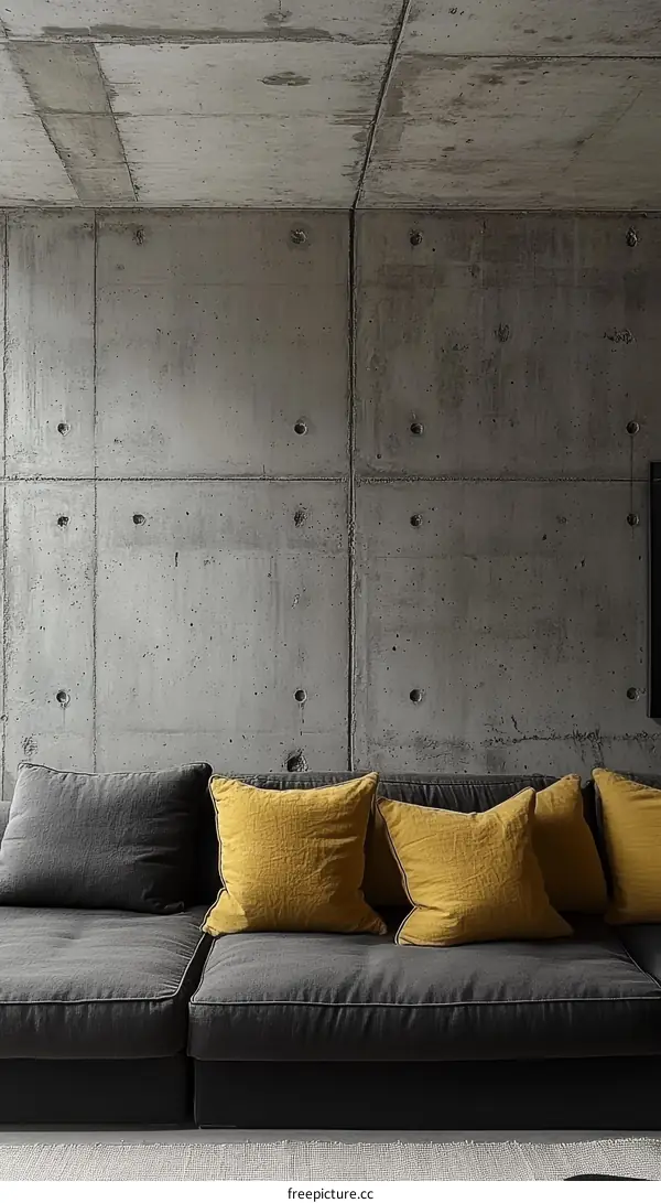 Modern Concrete Wall Living Room Sofa with Mustard Pillows