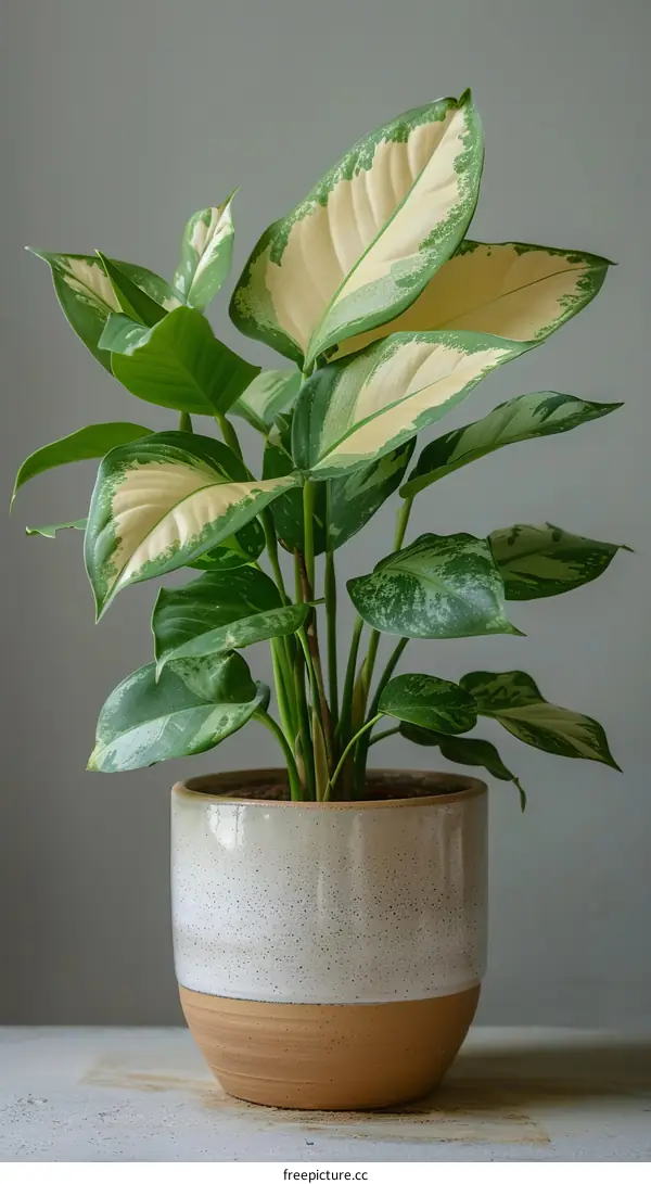 Alocasia lauterbachiana with green and white leaves in a ceramic pot