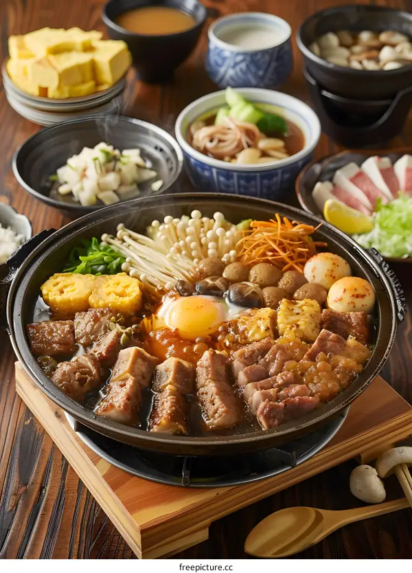 Japanese Hot Pot with Meat, Vegetables, and Egg