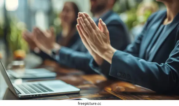 A group of business people are clapping their hands during a meeting