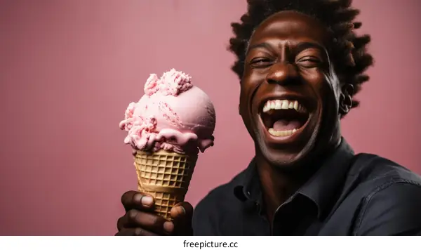 Black man laughing while eating ice cream