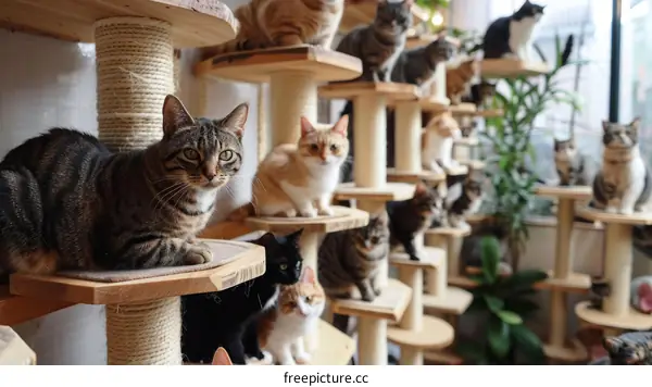 A group of cats sitting on a wooden cat tree