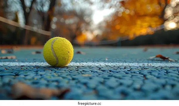 A closeup of a used tennis ball on a blue hard court with a blurred background of trees with autumn leaves