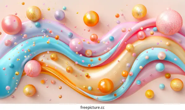 Colorful 3D rendering of multiple pastel-colored spheres and waves