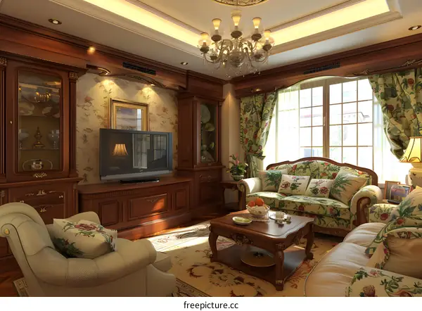 Luxurious Living Room Interior Design with Ornate Furniture and Floral Patterns