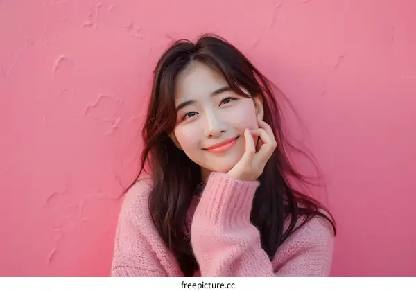 Portrait of a Young Asian Woman in a Pink Sweater Smiling