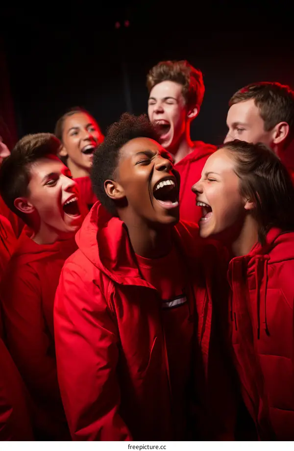 Group of diverse teenagers in red jackets laughing and cheering