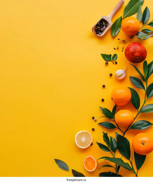 Citrus Fruits and Spices on Yellow Background
