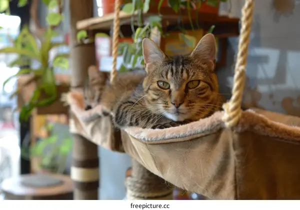 A ginger cat is lying on a hammock