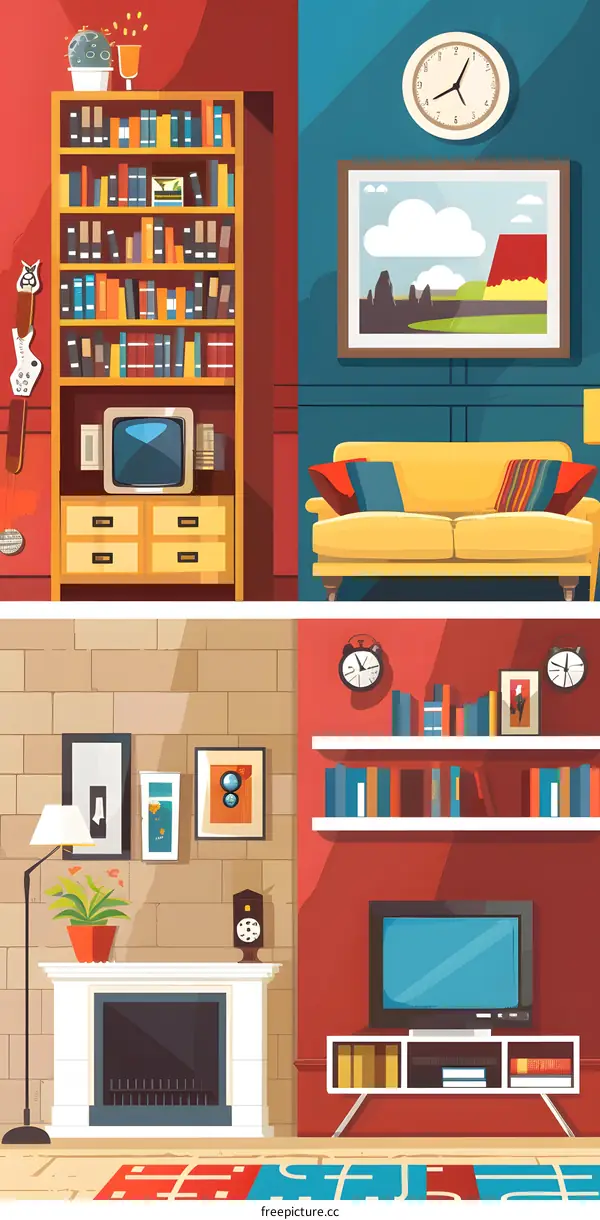 Cozy Living Room with Bookshelves Fireplace and Sofa