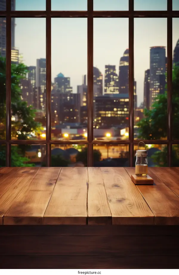 An empty wooden table with a jar on it in front of a window