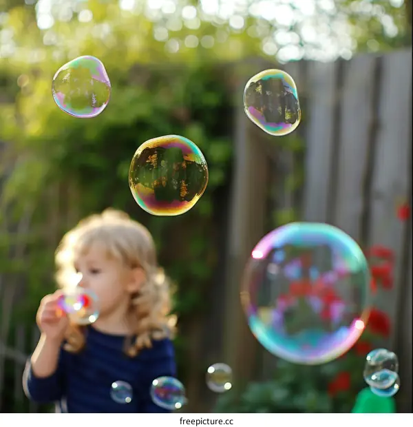 Little girl blowing bubbles in the backyard on a sunny day