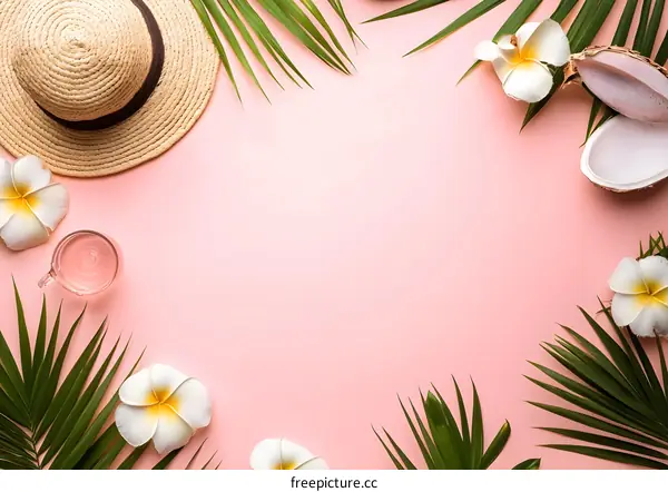 Summer Tropical Background With Palm Leaves And Coconut