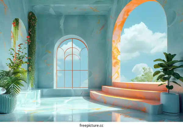 Blue and Orange Marble Interior with Arch Windows