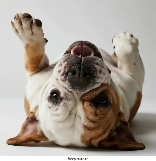 A cute English bulldog lying on its back with paws up