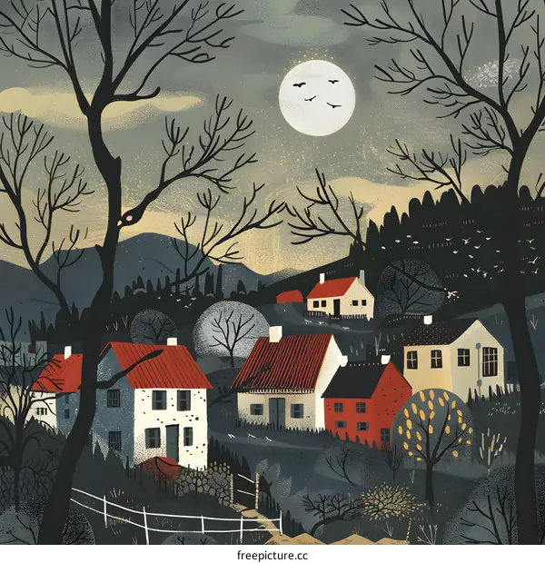 Nighttime Village Illustration with Moon and Birds