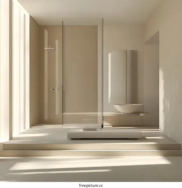 Minimalist Bathroom Design with Shower, Sink and Towel