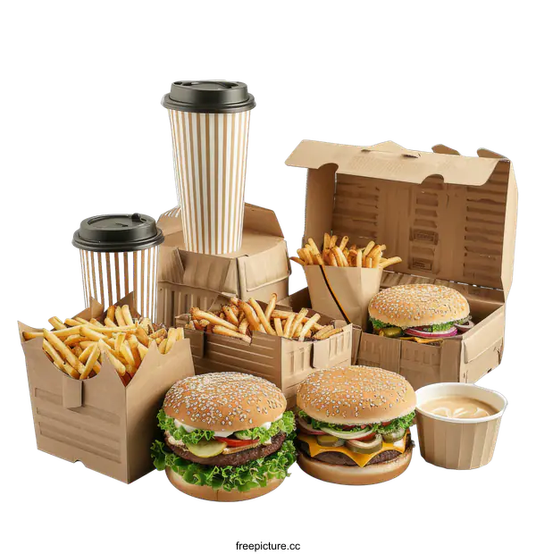 [Transparent Background PNG]Fast Food Takeaway With Burgers Coffee And Fries