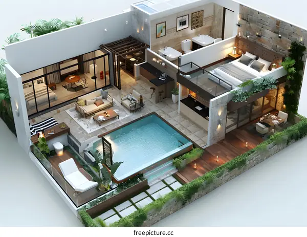 3D rendering of a luxury villa with pool