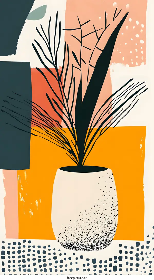 Abstract Plant Illustration with Yellow, Orange and Pink Background