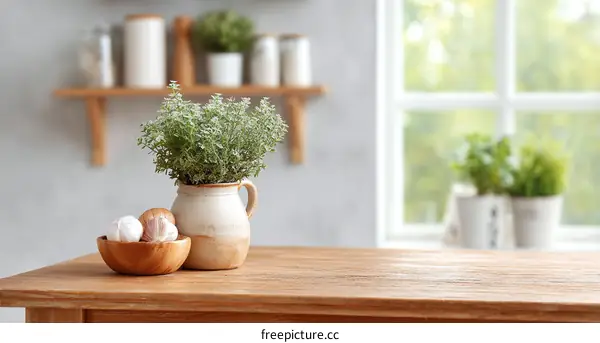 Kitchen Tabletop with Herbs and Garlic
