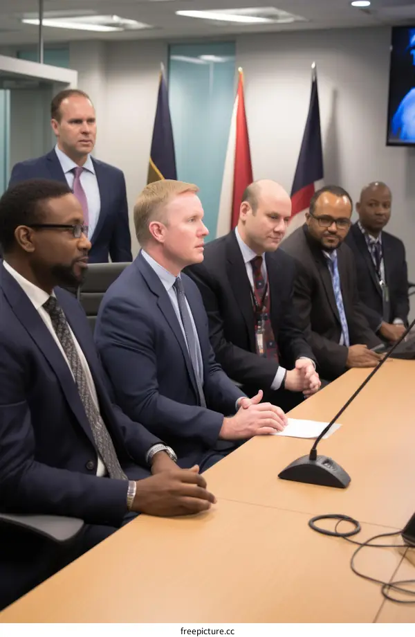 A group of men in suits are sitting around a table having a meeting