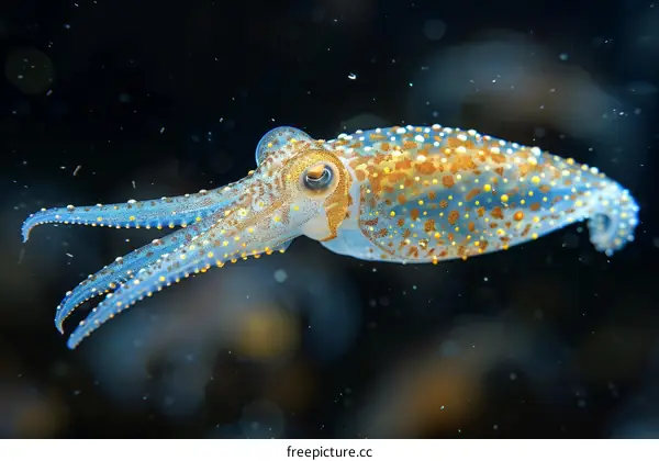 A beautiful close up of a bioluminescent squid in the ocean at night