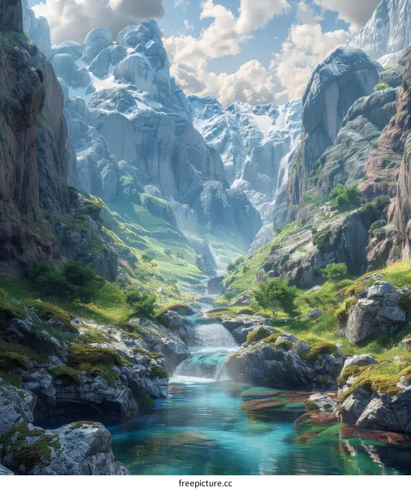 Majestic Mountains and River Valley with Waterfalls