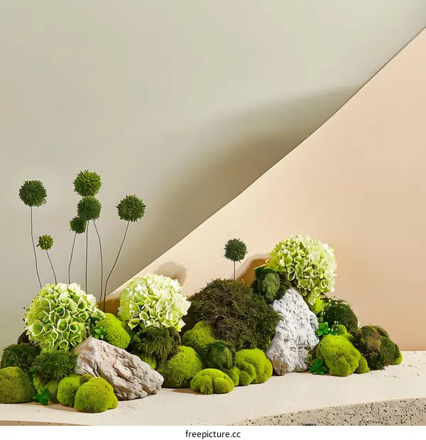 Green Moss Landscape With Small White Flowers