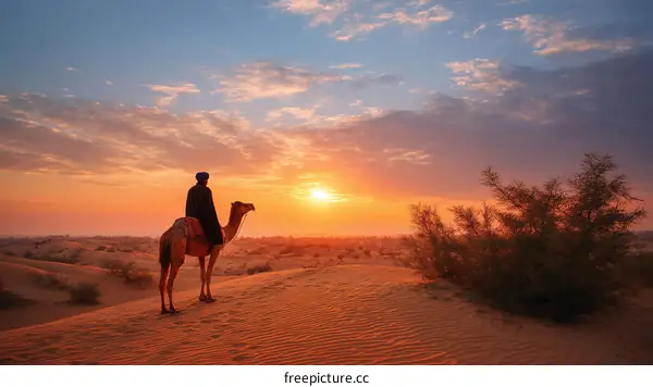 Man riding camel watching beautiful sunset over desert dunes