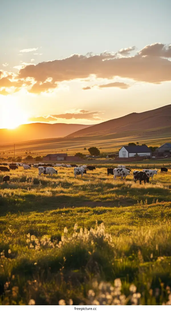 Cows grazing in a lush green field with a beautiful sunset in the background