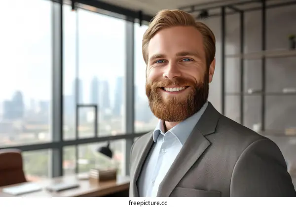 Portrait of a smiling businessman with beard in suit standing in the office
